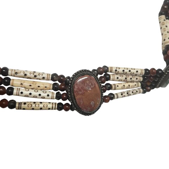 Natural Stone Bohemian Cabachon Concha Belt Carved Bone Beads Four Strands Small - Picture 9 of 12